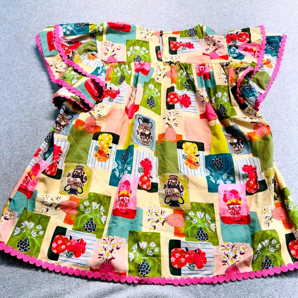 Entro Women's Large Floral Vase Print Babydoll Top Pink Pom Pom Trim Boho Blouse - Picture 10 of 10